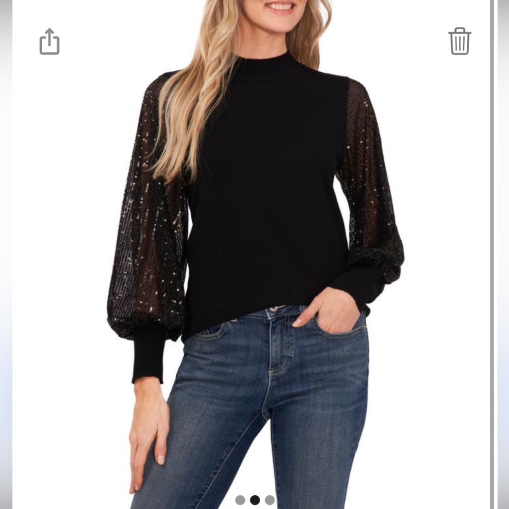 CeCe Black Sequin Sleeve Mockneck Sweater